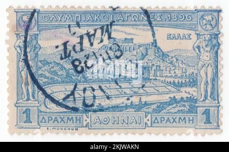 GRÈCE - 1896 : timbre-poste bleu drachma de 1 représentant le stade et l'Acropole. 1st Jeux Olympiques internationaux de l'ère moderne, à Athènes. Les Jeux olympiques d'été de 1896, officiellement connus sous le nom de Jeux de la première Olympiade et communément connus sous le nom d'Athènes 1896, ont été les premiers Jeux olympiques internationaux de l'histoire moderne. Organisé par le Comité International Olympique (CIO), créé par l'aristocrate français Pierre de Coubertin, il s'est tenu à Athènes, Grèce, du 6 au 15 avril 1896. Quatorze nations et 241 athlètes ont participé aux jeux Banque D'Images