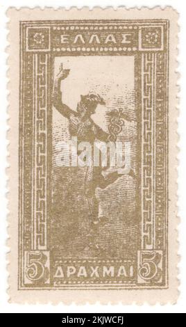 GRÈCE - 1901: Timbre-poste en or de 5 drachmes représentant 'Flying Hermes'. Statue du sculpteur du 16th siècle, Jean Boulogne, Giovanni da Bologna ou Giambologna. Hermes était une déité olympique dans la religion et la mythologie grecques anciennes. Membre des douze Olympiens. Hermes est considéré comme l'hérald des dieux. Il est également considéré comme le protecteur des hérauts humains, des voyageurs, des voleurs, des marchands et des orateurs. Il est capable de se déplacer rapidement et librement entre les mondes du mortel et du divin, aidé par ses sandales aillées Banque D'Images