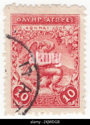 GRÈCE - 1906 mars : timbre-poste orange de 10 lepts représentant une allégorie de la victoire. Numéro spécial, célébration du 10th anniversaire des Jeux Olympiques modernes de 1896 à Athènes. Les Jeux olympiques d'été de 1896, officiellement connus sous le nom de Jeux de la première Olympiade et communément connus sous le nom d'Athènes 1896, ont été les premiers Jeux olympiques internationaux de l'histoire moderne. Organisé par le Comité International Olympique (CIO), créé par l'aristocrate français Pierre de Coubertin, il s'est tenu à Athènes, Grèce, du 6 au 15 avril 1896 Banque D'Images