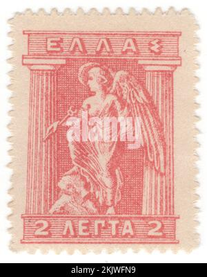 GRÈCE - 1911: Timbre-poste gris lilas 20 lepta représentant Iris Holding Caduceus. Les dessins sont des pièces crétois et arcadiens du 4th siècle, en Colombie-Britannique Dans la religion et la mythologie de la Grèce antique, Iris est une fille des dieux Thaumas et Electra, la personnification de l'arc-en-ciel et messager des dieux, un serviteur des Olympiens et surtout de la reine Hera. Iris apparaît dans plusieurs histoires transportant des messages de et vers les dieux ou les errands de course, mais n'a pas de mythologie unique de sa propre Banque D'Images