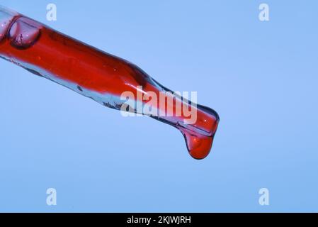 La goutte dans la pipette de sang. Le concept de développer un médicament pharmaceutique pour le traitement de maladies à l'aide de médicaments qui améliorent l'ADN. Photo de haute qualité Banque D'Images