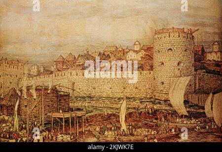 Peinture de l'artiste russe A.vassetsov. Moscou - vue du Kremlin de Moscou sous Dmitry Donskoy. Apollinary Vasnetsov était peintre russe dont la spécialité Banque D'Images