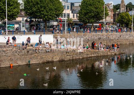 Les vacanciers pêchent des crabes sur la cale du port de Torquay. Banque D'Images