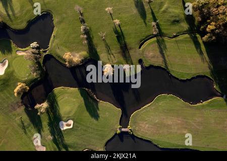 Documentation photographique aérienne représentant une partie d'un parcours de golf Banque D'Images
