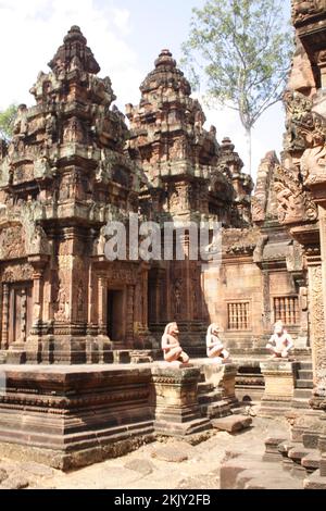 Cour intérieure avec tours et gardiens de singes, Banteay Srei, Angkor, Siem Reap, Cambodge. Banque D'Images