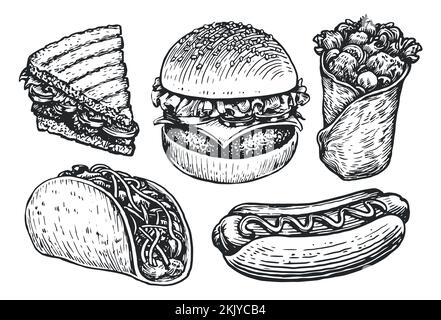 Croquis de la série Fast Food. Hamburger, hot dog, burrito, sandwich, tacos. Illustration de vecteur de concept de nourriture de rue, à emporter Illustration de Vecteur