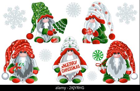 Jolis gnomes de Noël et flocons de neige. Illustration JPEG clipart pour les autocollants, la création de motifs, le papier peint, le papier d'emballage, les cartes postales. Banque D'Images
