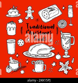 Illustration de la cuisine et des boissons de Noël traditionnelles dans un style de caniche sur fond rouge Illustration de Vecteur