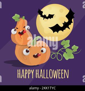 HALLOWEEN ACTION Happy Holiday Bat Pumpkin dessin à la main Flat Design on Dark Background Vector Illustration Set for Print Illustration de Vecteur