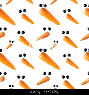 Motif sans couture. Bonhomme de neige créatif fait de carottes et de boules de Noël sur fond blanc. Concept minimaliste. Banque D'Images