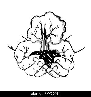 MAINS TENANT L'ARBRE Human Palms avec symbole de la nouvelle vie et de la croissance dans la forme de croissance de la plante en style esquisse Monochrome clip Art Vector Illustration Illustration de Vecteur