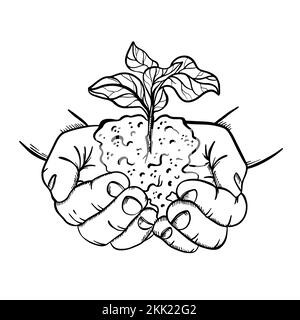 MAINS TENANT LA PLANTE Human Palms avec symbole de la nouvelle vie et de la croissance sous la forme d'arbre en croissance dans le style esquisse Monochrome clip Art Vector Illustration Illustration de Vecteur