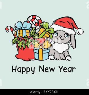 BONNE ANNÉE CARTE joli lapin en chapeau de père Noël et sac avec cadeaux en boîtes et sucreries Noël félicitation dessin main carte postale Vector Ill Illustration de Vecteur