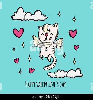 HAPPY VALENTINE Day Kitten Cupid tire Un arc volant dans le ciel entouré de coeurs volants dessin main dessin de dessin animé dessin animé dessin animal clip Art Vector Illustration Set Illustration de Vecteur