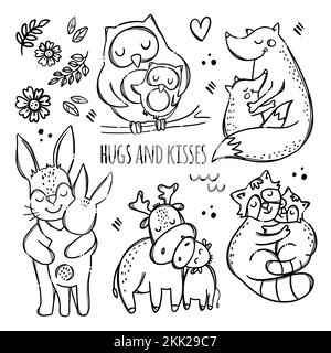 HUGS ET BAISERS animaux mignon Hugs et baisers leurs enfants relation parentale Monochrome dessin main clip Art Vector Illustration ensemble pour l'impression Illustration de Vecteur