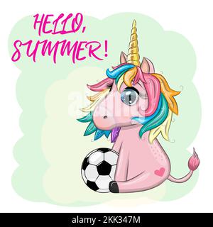 Adorable dessin animé unicorn avec ballon de football, été, jeux pour enfants Illustration de Vecteur