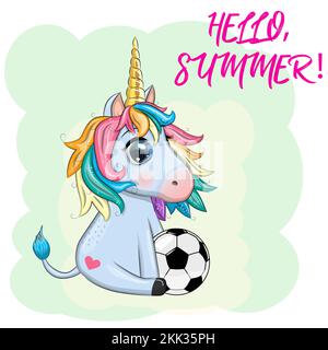 Adorable dessin animé unicorn avec ballon de football, été, jeux pour enfants Illustration de Vecteur