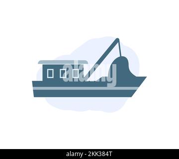 Petit bateau de pêche en mer. Mouettes et bateau, logo bateau sur l'eau. Conception et illustration du vecteur de transport du bateau de pêche plat. Illustration de Vecteur