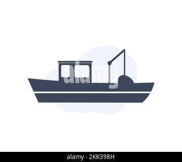 Bateau de pêche sur le logo de l'eau. Silhouette de bateau de pêche. Transport maritime yacht, chalutier, marin nautique. Illustration de Vecteur