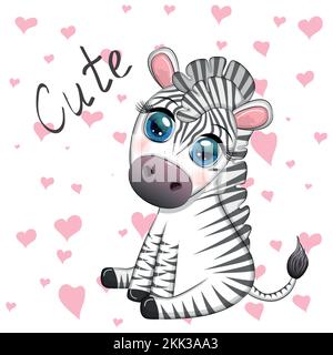 Le zèbre mignon de dessin animé est assis et agite sa queue. Le caractère des enfants. Illustration de Vecteur