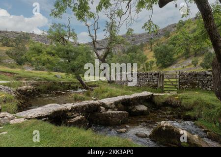 Malham Cove, un défaut sur la faille moyenne de Craven, grand amphithéâtre naturel et un tarn à la base de la cascade de l'âge de glace, le ruisseau Malham Beck coulant Banque D'Images