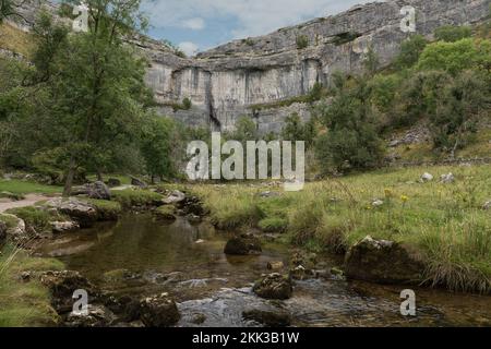 Malham Cove, un défaut sur la faille moyenne de Craven, grand amphithéâtre naturel et un tarn à la base de la cascade de l'âge de glace, le ruisseau Malham Beck coulant Banque D'Images