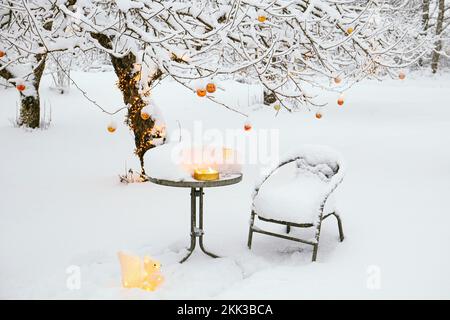 Neige recouvrant pommier dans le jardin d'accueil en hiver, décoré avec beaucoup de boules de Noël métalliques de cuivre et de lumières LED blanches chaudes. Banque D'Images