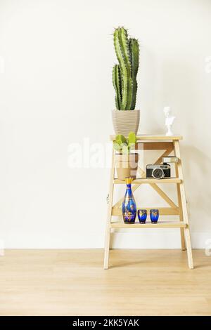 Un escalier en bois d'ecru sans vernis avec divers objets sur ses marches, certains cactus donnant la note verte Banque D'Images