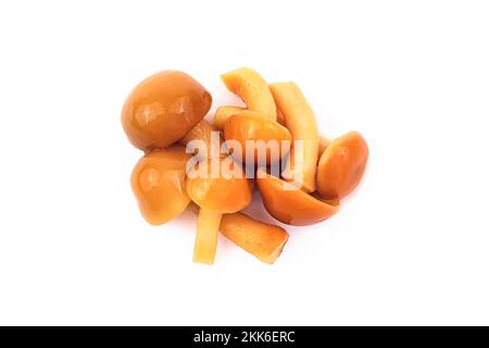 Champignon de miel mariné, isolé sur blanc avec un chemin d'écrêtage. Tas, vue de dessus avant. Banque D'Images