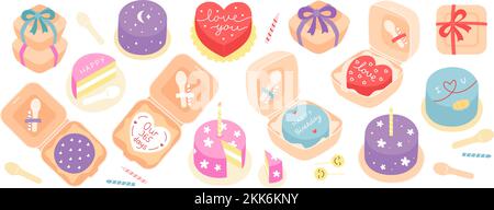 Grand ensemble de desserts gâteaux bento dans un paquet avec bougie et cuillère de fête. Illustration vectorielle isolée sur fond blanc. Illustration de Vecteur