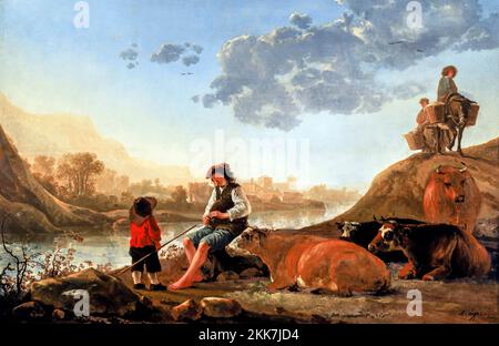 Aelbert Cuyp. Peinture intitulée 'Paysage fluvial avec joueur de cornemuses' par le peintre néerlandais de l'âge d'or, Aelbert Jacobszoon Cuyp (1620-1691), huile sur panneau, c. 1650 Banque D'Images