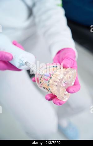 Le dentiste tient dans ses mains l'irrigateur et le modèle de dentition avec des bretelles Banque D'Images