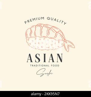 Modèle d'affiche, de symbole ou de logo pour les produits alimentaires asiatiques. Sushi ou Sashimi et Typographie rétro dessinés à la main. Cuisine japonaise Vector Emblem concept. Illustration de Vecteur