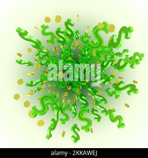 Dollar. Dollar actuel. Motif rond de 3D symboles verts réalistes dollar et pièces d'or en rotation dans différentes positions. Peut être utilisé pour les publicités, les bons de commande Illustration de Vecteur