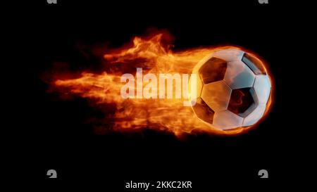 Boule de feu. Ballon de football ou ballon de football flamboyant avec queue de flamme brillante sur fond sombre. 3D rendu. Banque D'Images