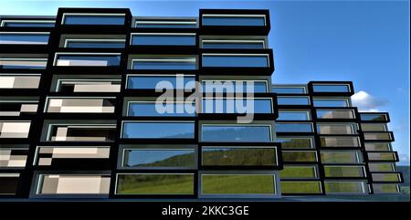 Abstraction architecturale. Fenêtres panoramiques de nombreux bâtiments en hauteur. Reflet du ciel bleu et des prairies vertes dans le verre. 3d rendu. Banque D'Images