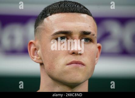 Phil Foden d'Angleterre avant le match de la coupe du monde de la FIFA, groupe B, au stade Al Bayt à Al Khor, Qatar. Date de la photo: Vendredi 25 novembre 2022. Banque D'Images