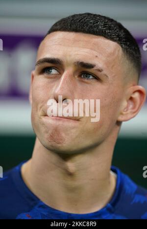 Phil Foden d'Angleterre avant le match de la coupe du monde de la FIFA, groupe B, au stade Al Bayt à Al Khor, Qatar. Date de la photo: Vendredi 25 novembre 2022. Banque D'Images