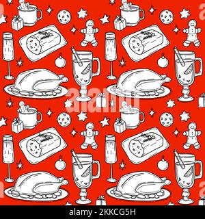 Motif sans couture avec illustration des plats et des boissons de Noël traditionnels dans un style de caniche Illustration de Vecteur