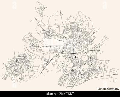 Navigation détaillée lignes noires rues urbaines carte de la capitale régionale allemande de LÜNEN, ALLEMAGNE sur fond beige vintage Illustration de Vecteur