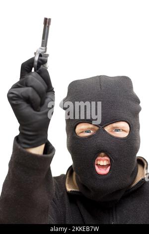 Studio Image d'un bandit portant cagoule pointant son arme vers le ciel au cours d'un hold-up Banque D'Images