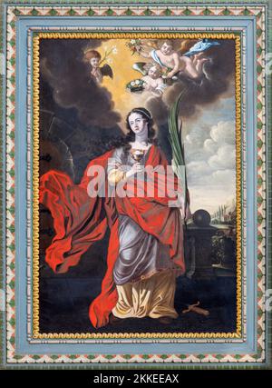 CHIAVENNA, ITALIE - 20 JUILLET 2022 : la peinture de Saint Barbara dans l'église Chiesa di Santa Maria par artiste inconnu (1662). Banque D'Images