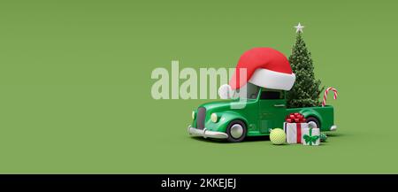 Voiture verte avec chapeau de père Noël portant l'arbre de Noël sur fond vert avec espace de copie 3D rendu 3D illustration Banque D'Images