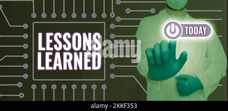 Texte montrant les leçons d'inspiration apprises. Approche commerciale connaissance ou compréhension acquise par l'expérience Banque D'Images