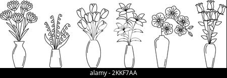 Ensemble de contours de vases avec fleurs. Collection de bouquets de fleurs en ligne dans des vases, illustration vectorielle Illustration de Vecteur