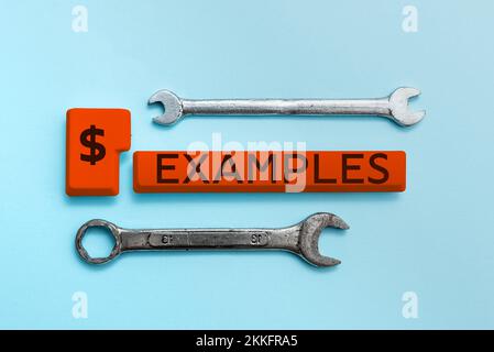 Texte montrant des exemples d'inspiration, mot écrit sur modèle d'échantillon de photo à suivre Guide Explication par exemple Banque D'Images