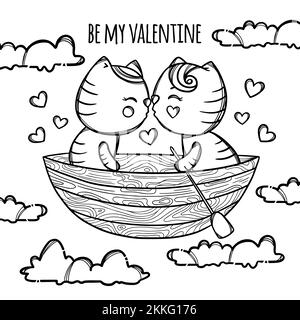 CHATONS EN BATEAU KISS Float in the Clouds to Happiness in the Sky Valentine Day Cartoon dessin à la main Monochrome clip Art Vector Illustration pour l'impression Illustration de Vecteur