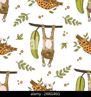 LÉOPARD ET SINGE mignon dessin animé animaux tropicaux africains dessiné à la main Grunge style sans couture motif vectoriel Illustration pour l'impression Illustration de Vecteur