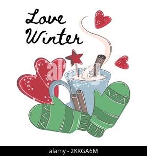 LOVE WINTER Merry Christmas New Year Cartoon dessin à la main plat style clip Art Vector Illustration Set pour l'impression Illustration de Vecteur