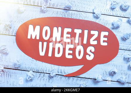 Affiche affichant des vidéos monétiser. Processus conceptuel de photo de gagner de l'argent à partir de vos vidéos YouTube téléchargées Banque D'Images